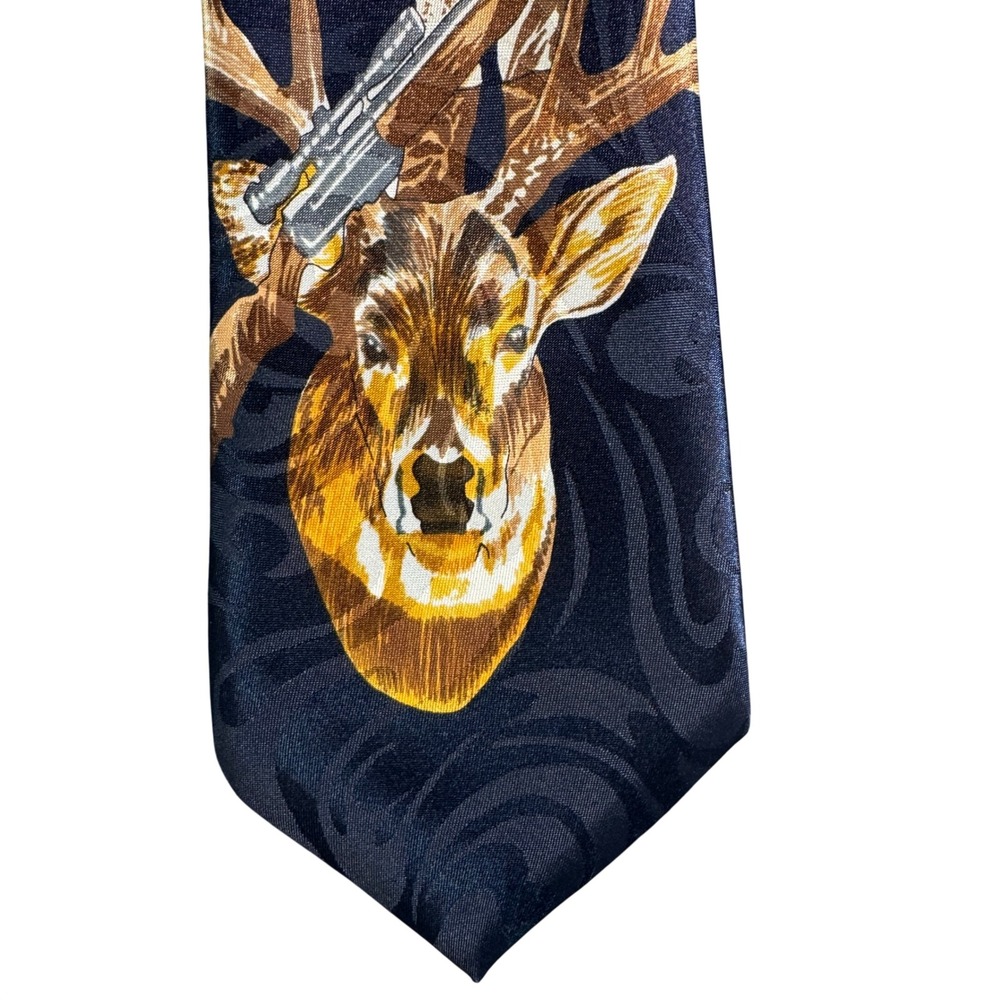 Fratello Mens Navy Blue Hunting Deer Hunter Rifle Graphic Necktie Hand Made